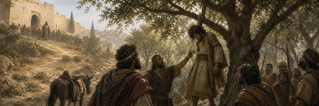 Absalom suspended by his hair from a tree as soldiers discover him